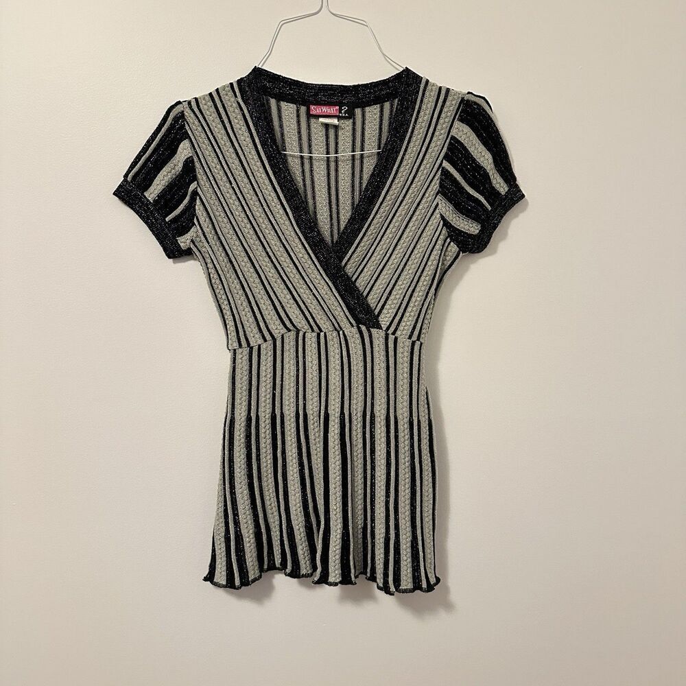 Say What Womens M Knit Babydoll Striped Top Y2K Mall Whimsigoth Grunge Sparkle